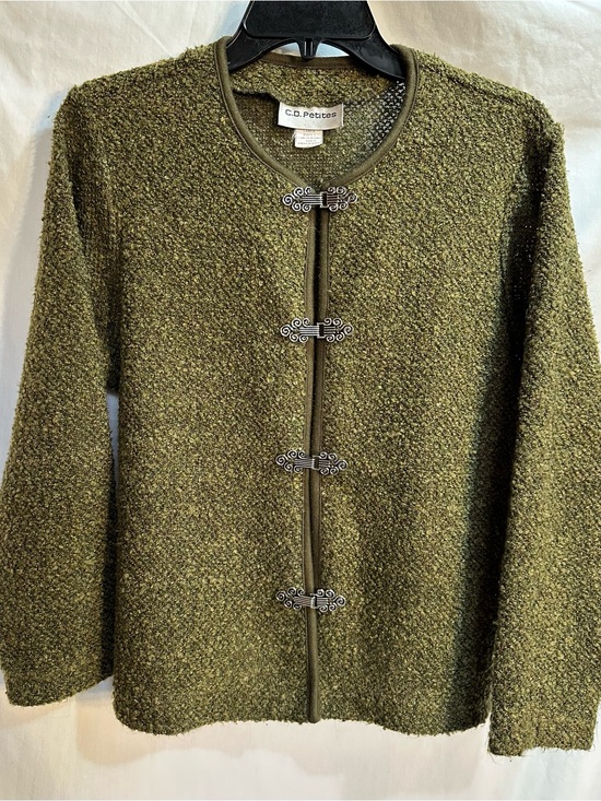 C.D. Petites Sweaters - C.D. Petites Olive Bouclé Cardigan with Decorative Hook Closures